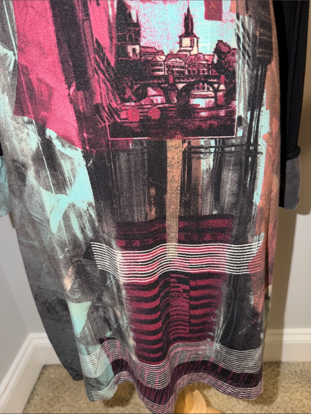 Save The Queen Long Sleeve Graphic Dress with Teal Knit Cowl and Black Sleeves - Picture 5 of 13
